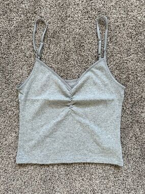 American Eagle Outfitters Light Grey Ribbed Ruched V-Neck Tank Top